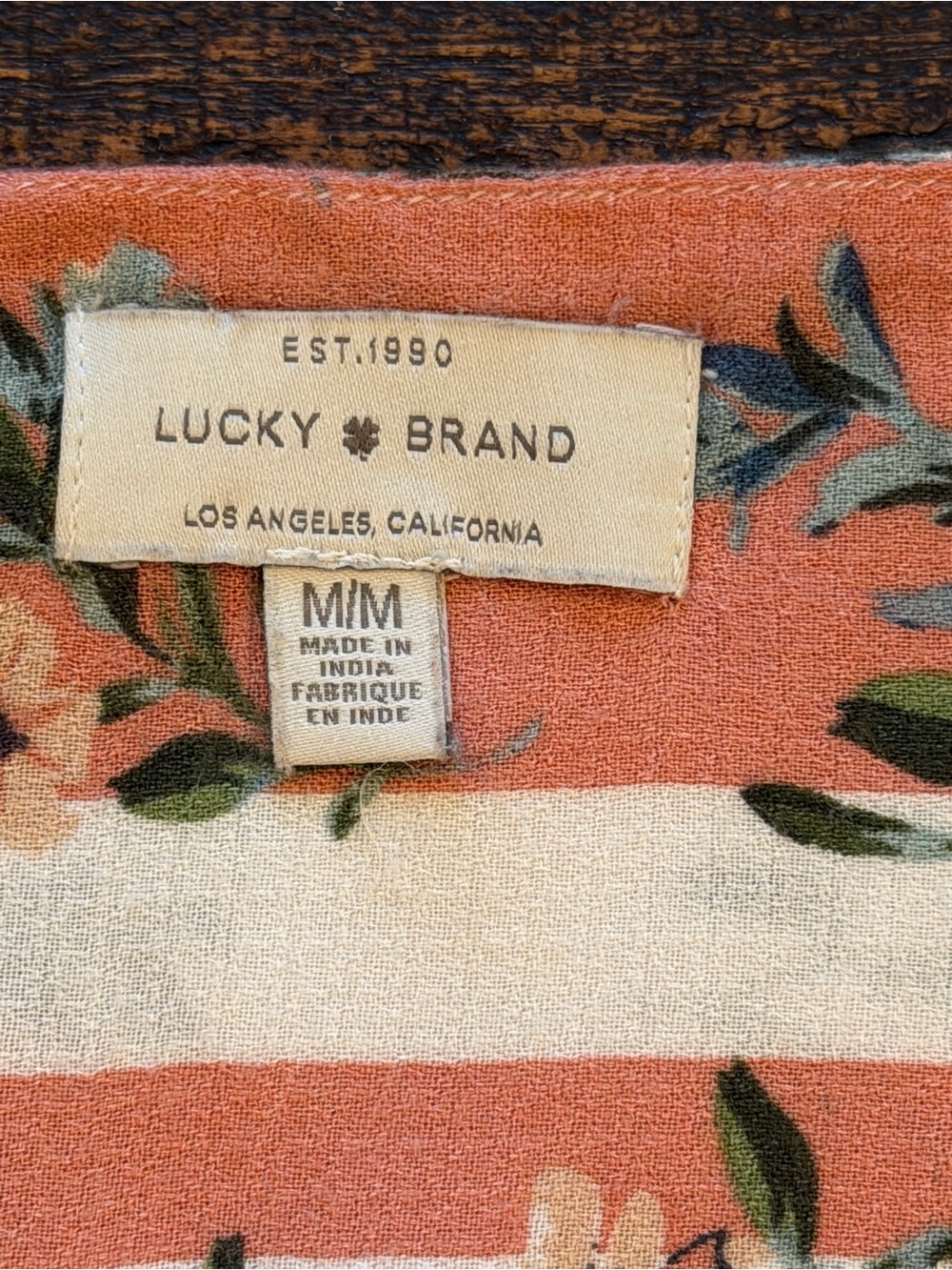 Lucky Brand Cream Floral Boho Blouse with Coral Yoke and Blue Trim - Picture 2 of 6